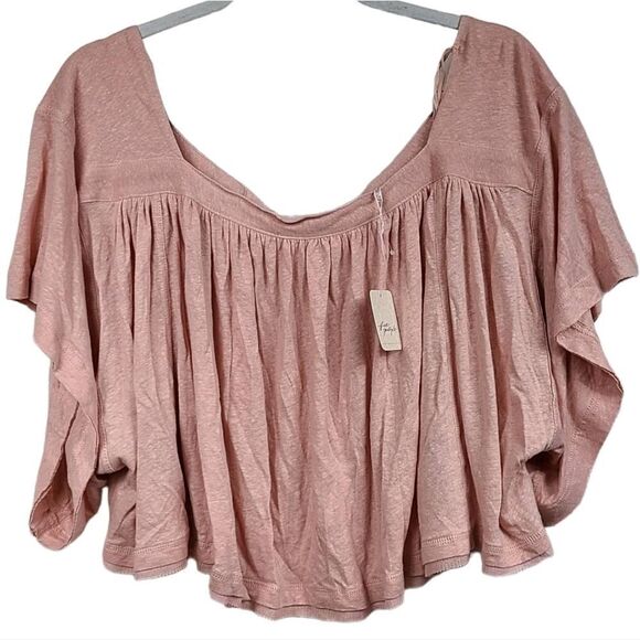 Free People NWT Pink Linen Oversized Tee Strawberry Crop Top Bow Tie Back Blouse - Picture 5 of 12